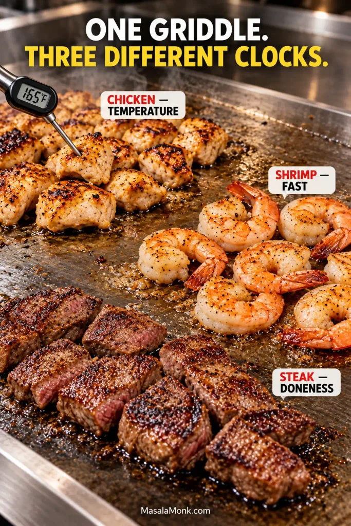Flat-top griddle with separate areas of browned chicken and a thermometer, just-cooked pink shrimp, and browned steak pieces with pink centers.