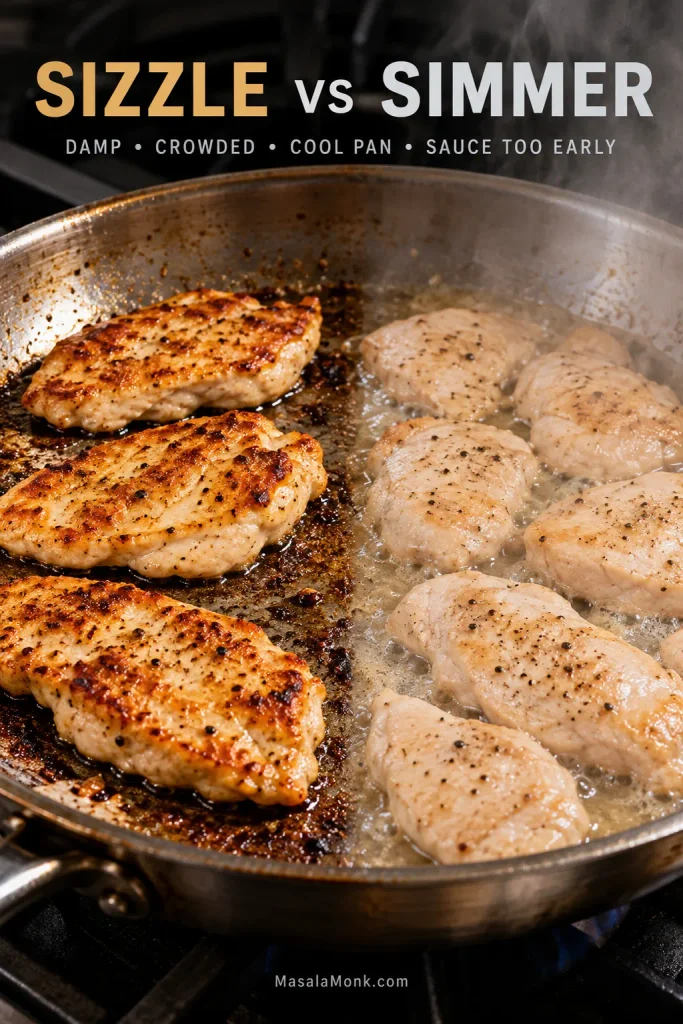 Comparison in one skillet: spaced chicken browning on a relatively dry surface beside crowded, paler chicken surrounded by bubbling released liquid.