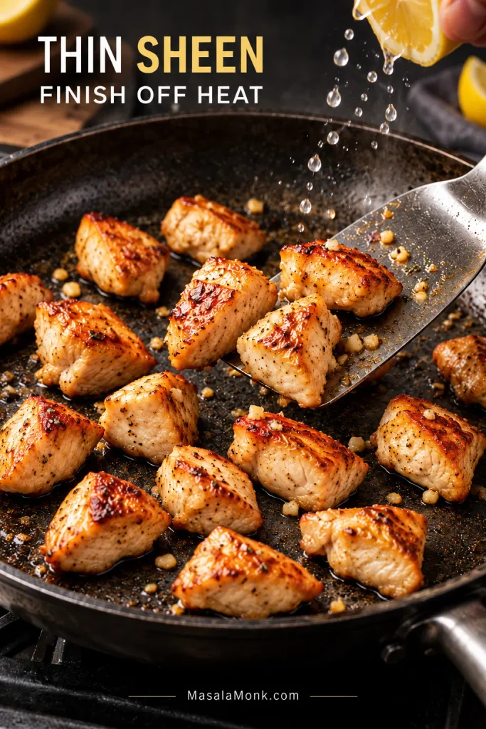 Bite-size browned hibachi chicken in a mostly dry skillet as lemon juice is squeezed over the pieces and a metal spatula lifts several from the pan.