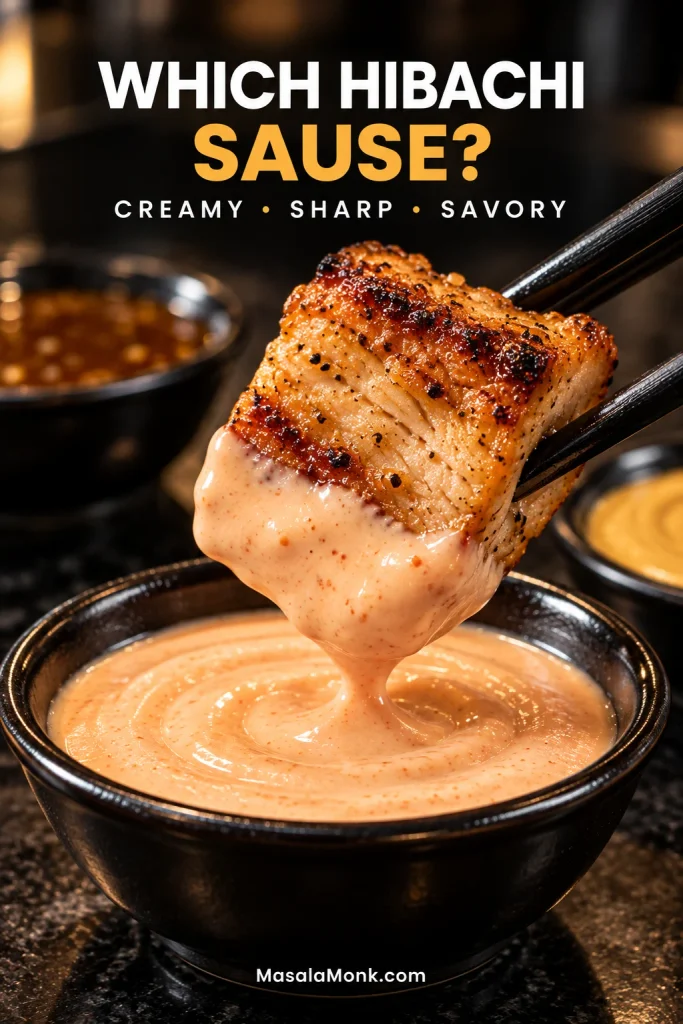 Browned hibachi chicken bite held with dark chopsticks and dipped partway into pale pink Yum Yum Sauce, with the upper browned portion still visible.