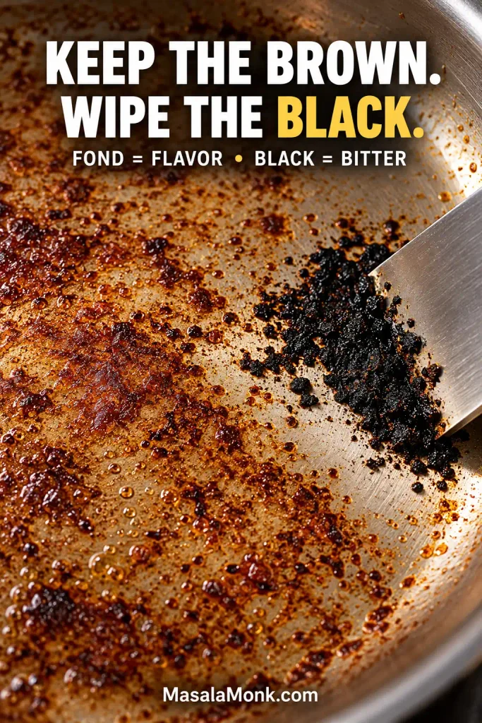 Close-up of a skillet with widespread brown fond beside a distinct black burned patch being scraped away while the brown residue remains.