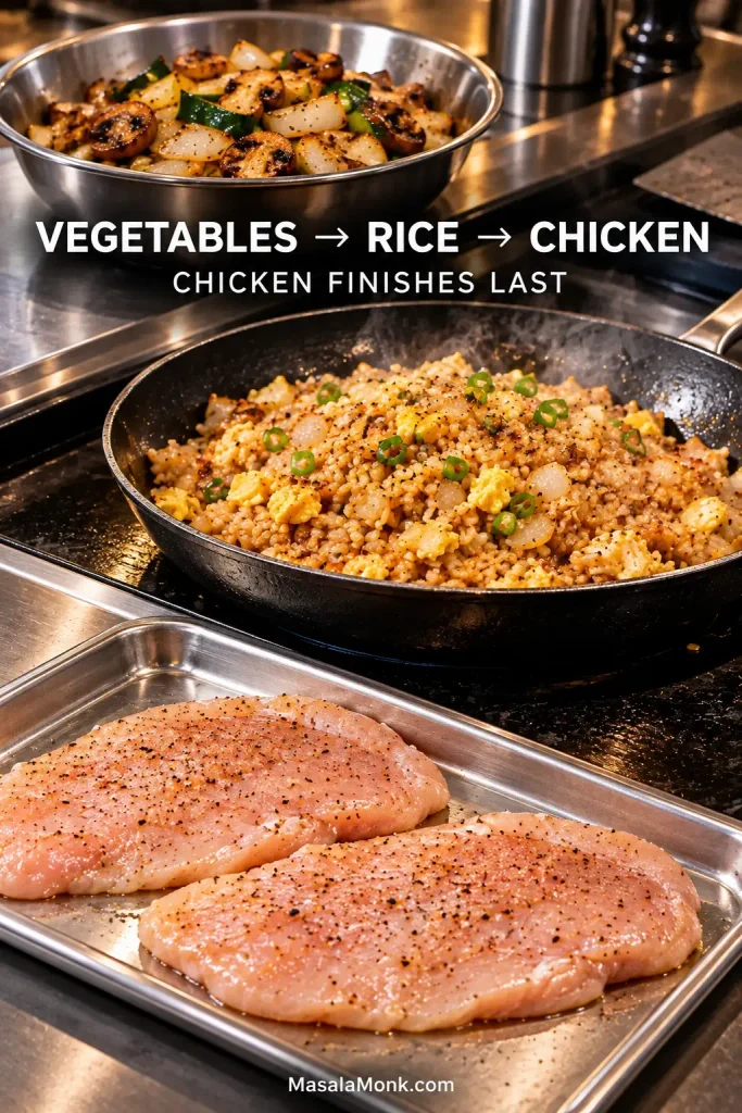 Cooked zucchini, mushrooms and onion held separately behind a skillet of fried rice, with thin raw chicken breast cutlets waiting on their own stainless tray for the final stage.