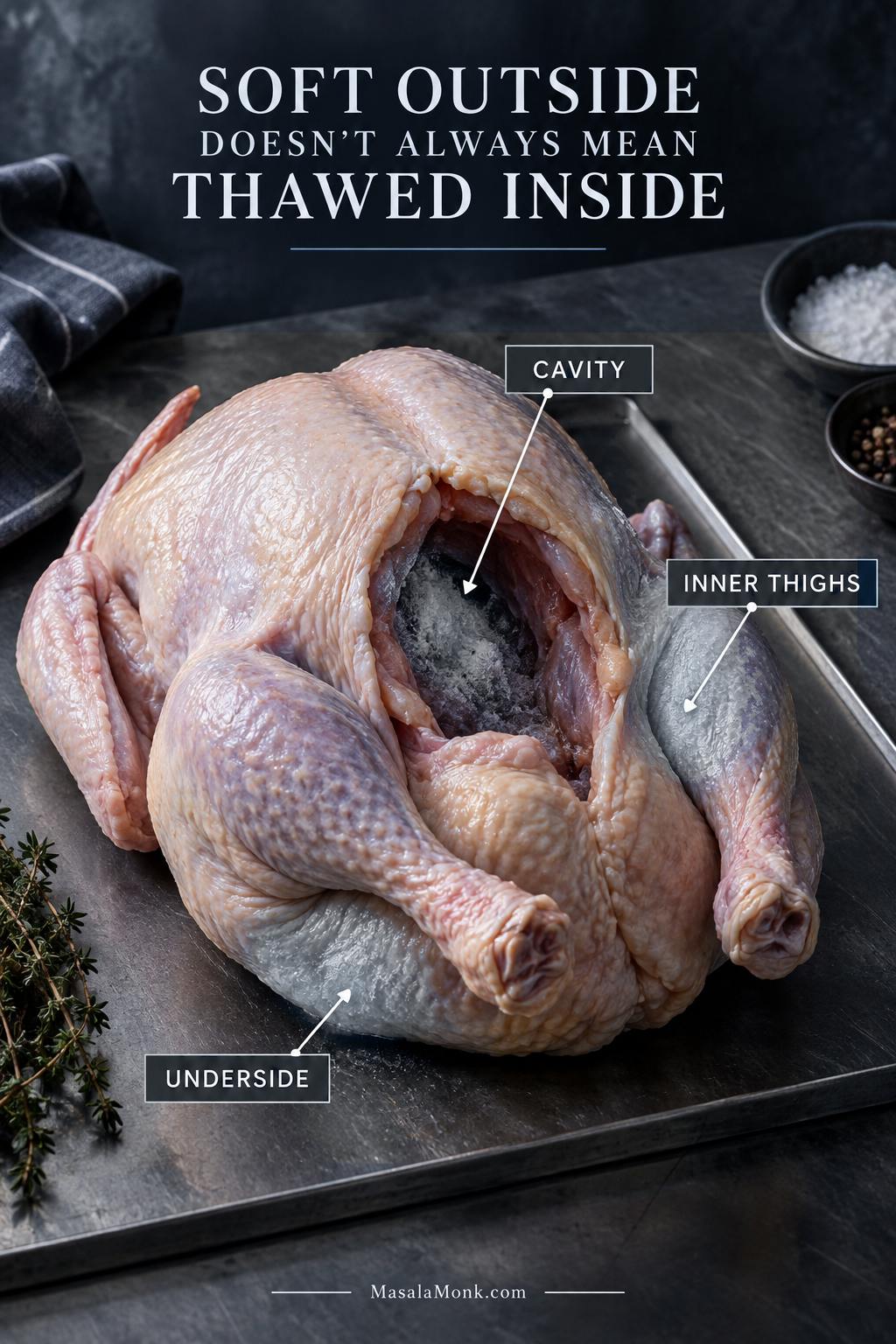 Partially thawed raw turkey with callouts marking the body cavity, inner thighs, and underside as areas where ice may remain.