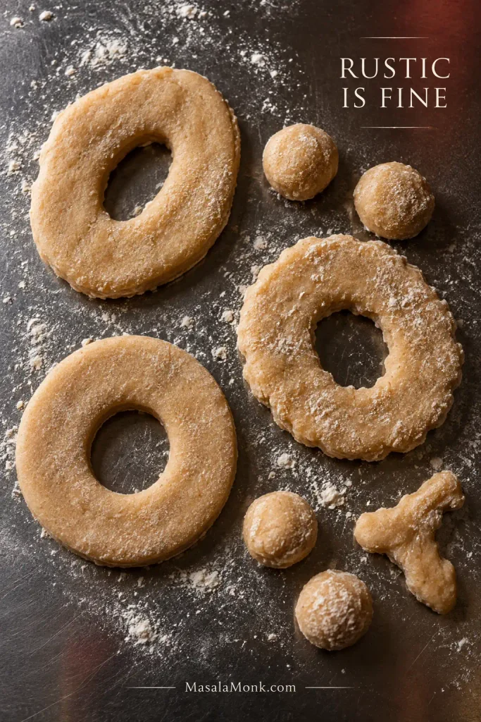 Several raw apple cider donut rings, donut holes, and a small dough scrap in varied handmade shapes on a floured steel surface.