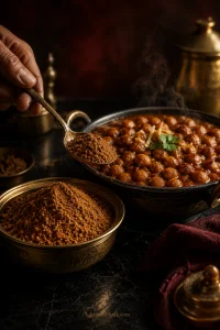 Bowl of rust-brown homemade chana masala powder beside steaming chole, with a spoon carrying the spice blend toward the curry.