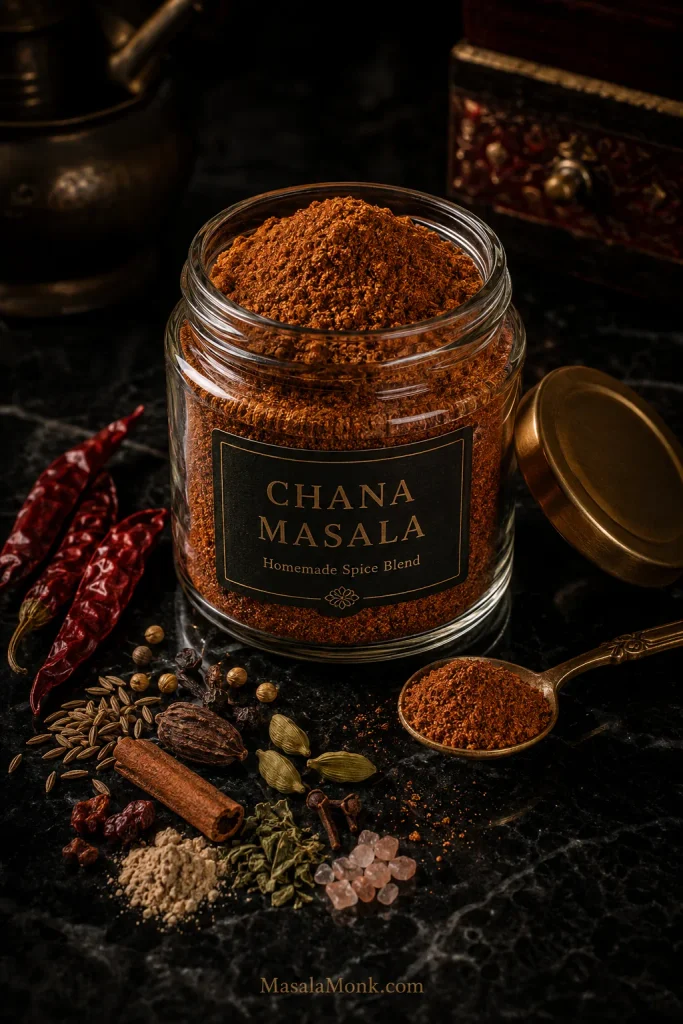 Clear glass jar filled with homemade chana masala powder, labeled Chana Masala Homemade Spice Blend, with a spoon and whole spices nearby.