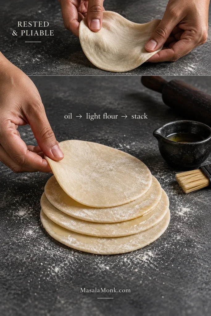 Rested samosa patti dough beside four thin dough discs being layered with a light film of oil and flour on a dark work surface.