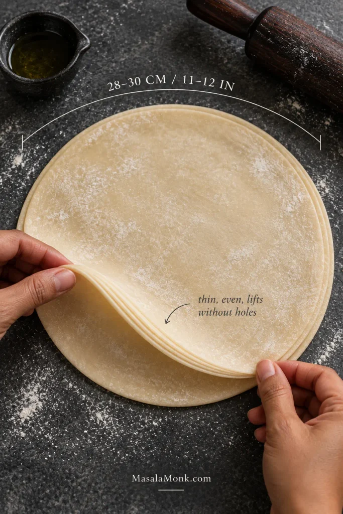 Thin rolled samosa patti dough stack measuring about 28–30 cm across, with one edge lifted to show its even thinness.