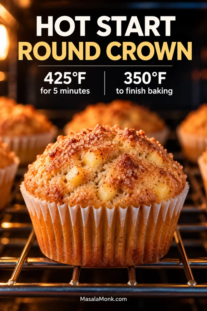Rounded apple cinnamon muffin in an oven with text indicating 425°F for 5 minutes followed by 350°F to finish baking.