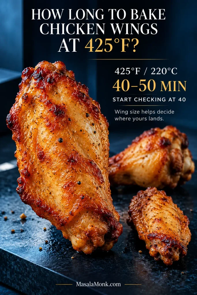 Golden baked chicken wings of different sizes with text stating 425°F / 220°C, 40–50 minutes, and start checking at 40 minutes.