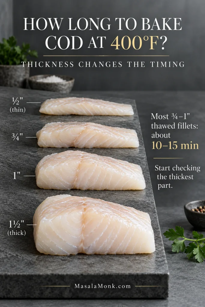 Four raw cod portions arranged from thinner to thicker, illustrating how cod thickness affects baking time at 400°F.