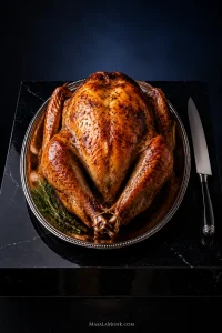 Whole roasted turkey with deep golden-brown skin on a silver platter beside a carving knife against a dark blue-black background.