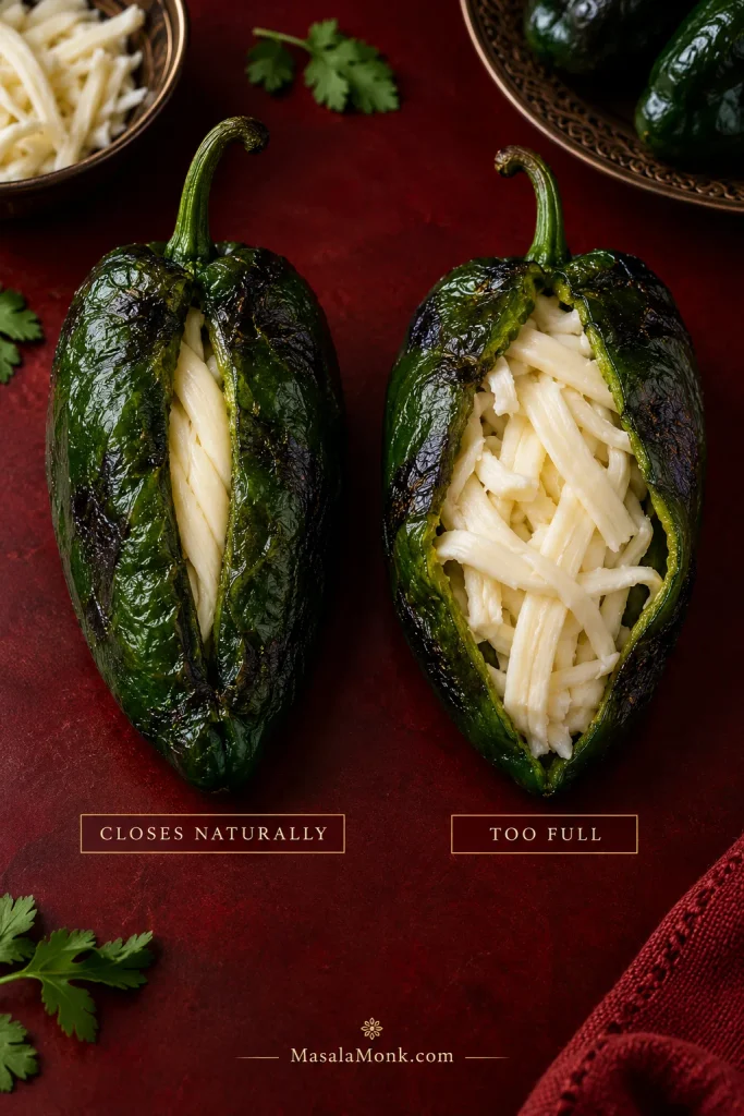Two roasted poblano peppers filled with white melting cheese on a dark red surface, comparing one that closes naturally with another that is visibly overfilled and gaping open.