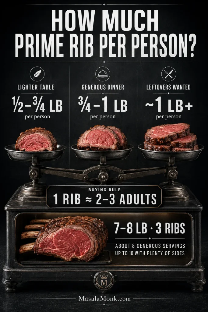 Prime rib portion guide showing lighter, generous and leftover-friendly amounts per person, plus a rough rule of one rib for every two to three adults.