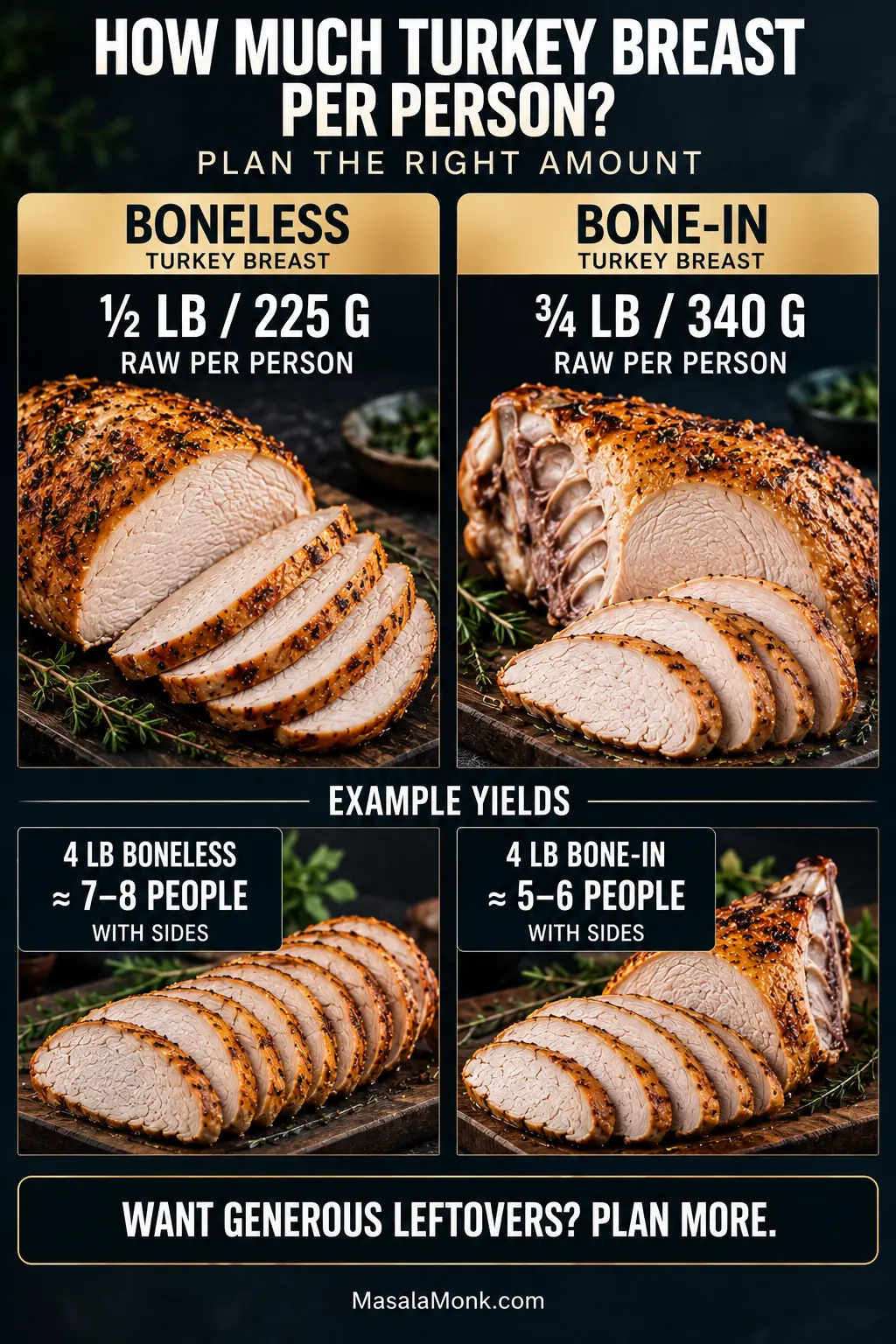 Portion guide comparing raw boneless and bone-in turkey breast amounts per person and example servings from four-pound breasts.