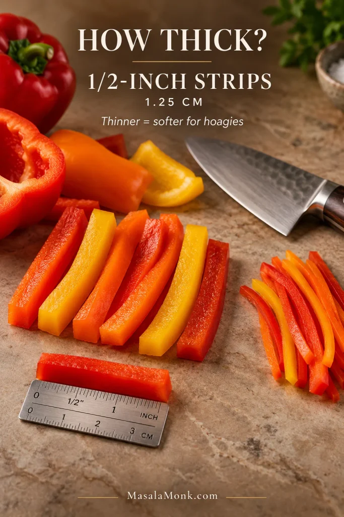 Red, orange and yellow bell peppers cut into thick and thin strips beside a chef’s knife and a small metal ruler showing about a half-inch width.