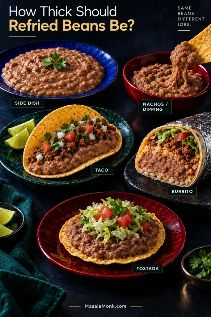 Five serving examples showing loose refried beans as a side dish, scoopable beans for nachos, medium-thick beans in a taco, thicker beans in a burrito, and a stable spread on a tostada.