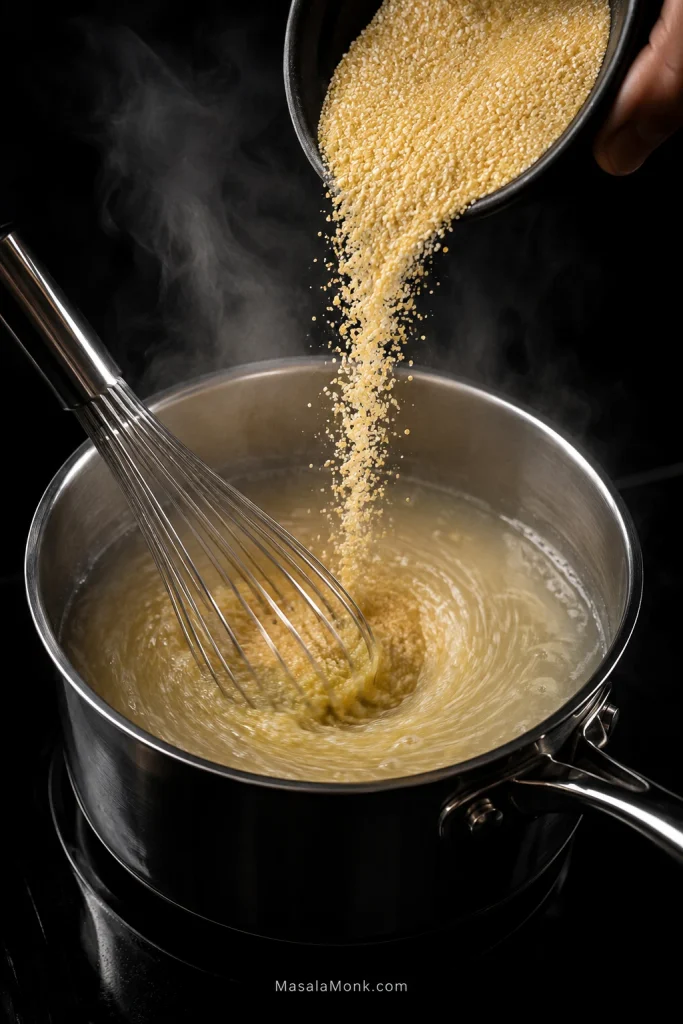 Dry grits pouring in a thin stream into simmering liquid while a whisk stirs the pot.