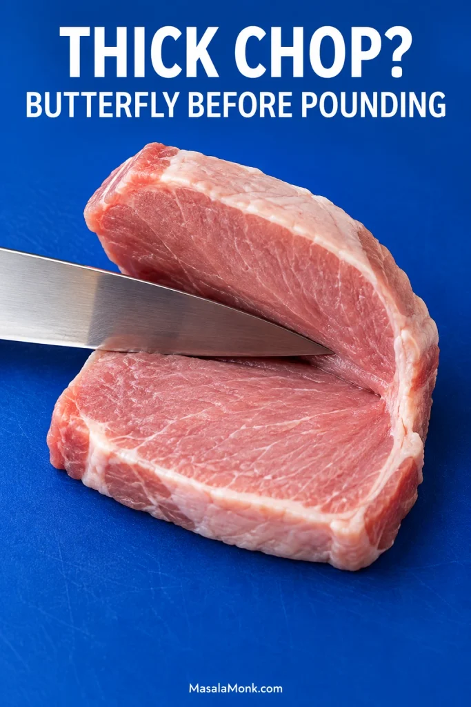 Chef’s knife cutting horizontally through a thick boneless pork loin chop while leaving one edge attached as a hinge so the chop can open like a book.
