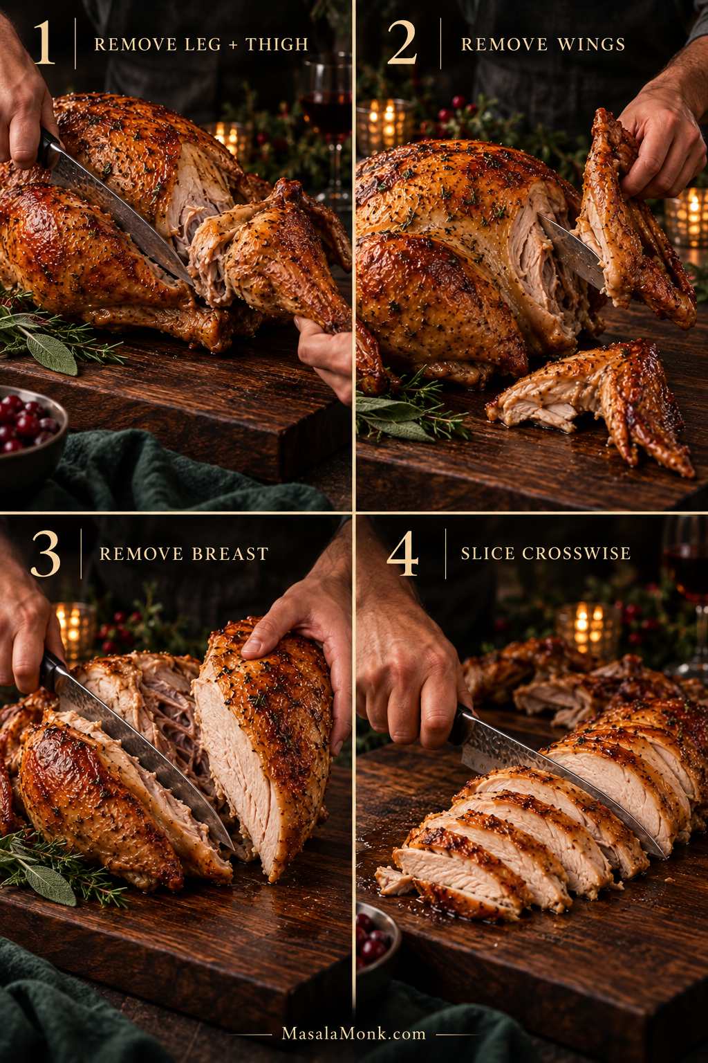 Four-step turkey carving sequence showing removal of the leg and thigh, wings, and breast, followed by crosswise slicing of the breast on a wooden carving board.