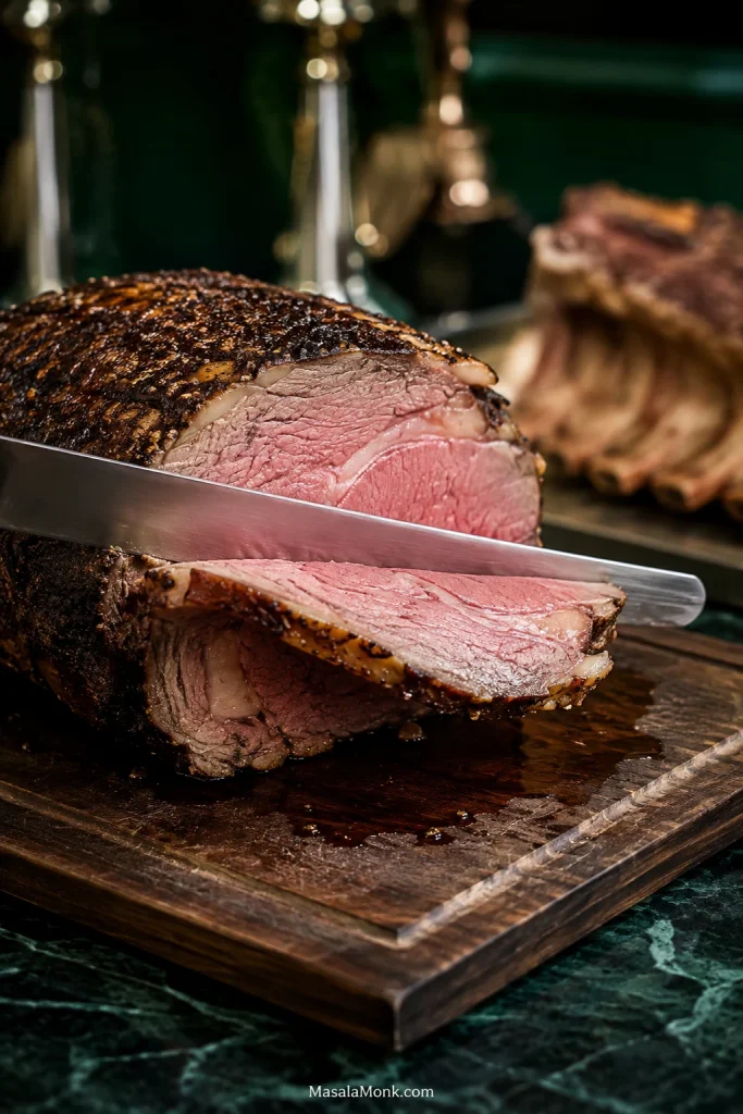 Long carving knife cutting the first slice from a rested prime rib across the grain, revealing a browned crust, more-done outer band and warm pink center.