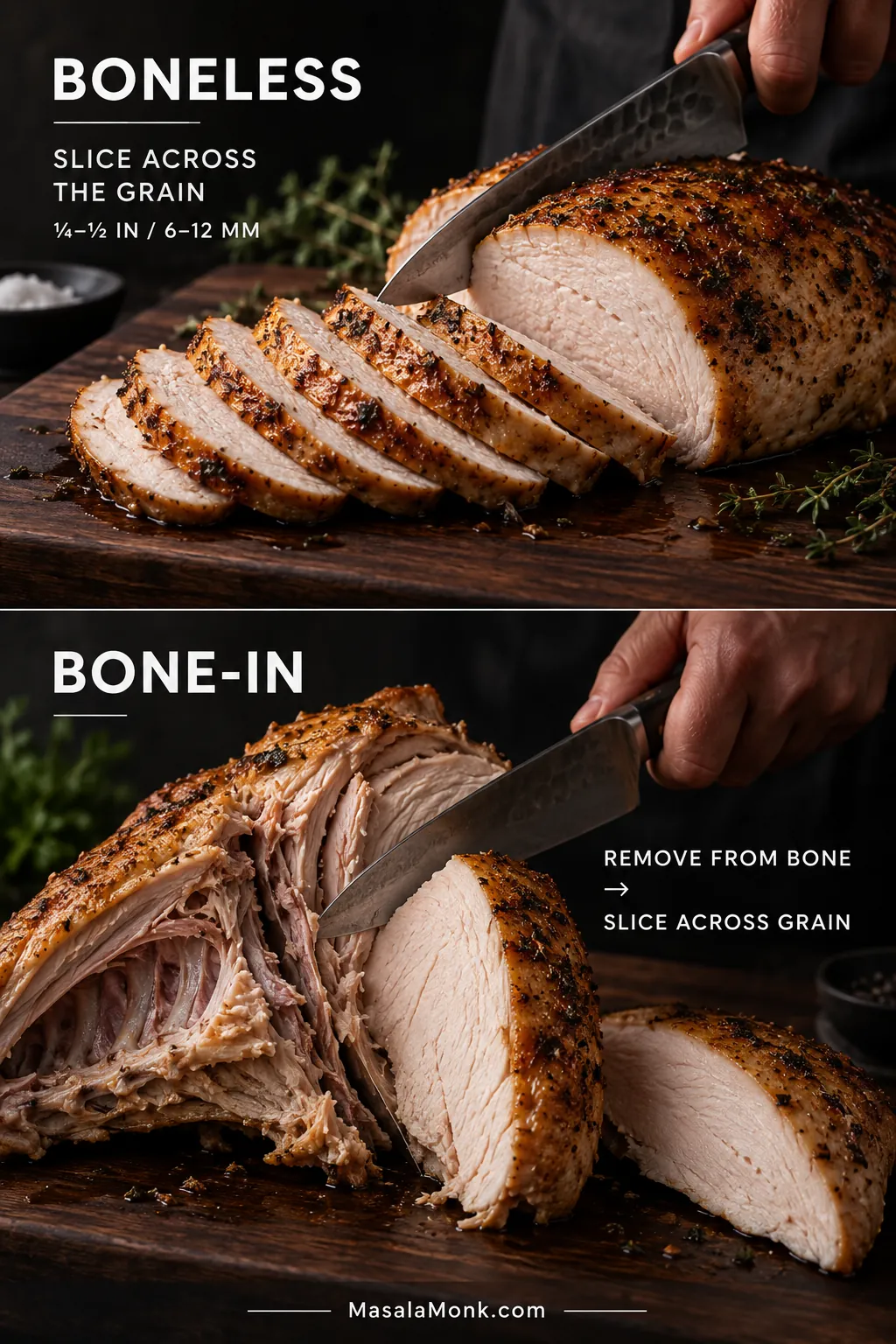 Boneless turkey sliced across the grain and bone-in turkey breast being separated from its ribs before slicing.