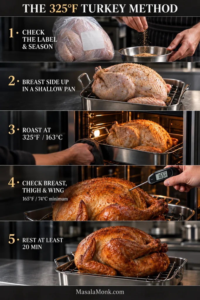 Five-panel infographic showing turkey preparation, breast-side-up roasting at 325°F, thermometer checking, and a final 20-minute rest.