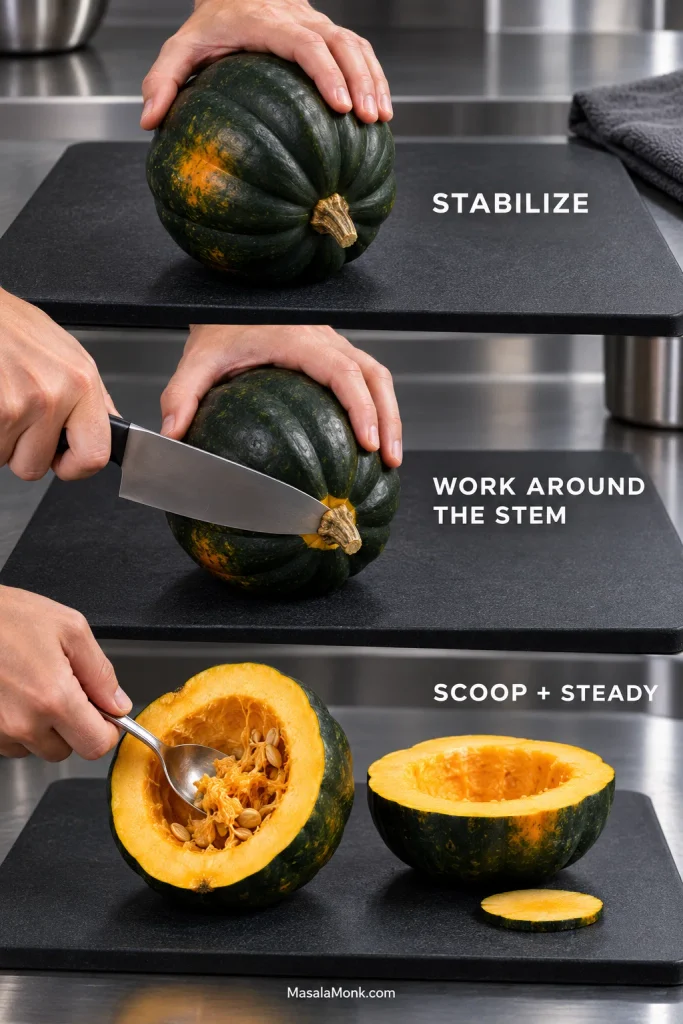 Acorn squash being stabilized, carefully cut around the hard stem, opened, seeded and steadied on a cutting surface.