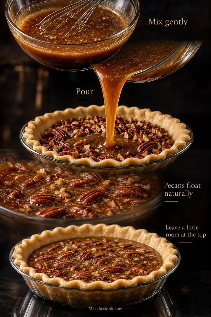 Vertical process showing pecan pie filling being mixed, poured over chopped pecans, pecans rising naturally toward the surface and the filled shell with space below the crust rim.