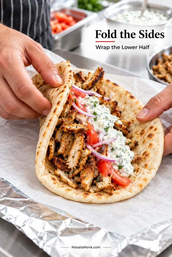 Hands folding soft pita around browned chicken gyro meat, tzatziki, tomato and red onion over parchment and foil.