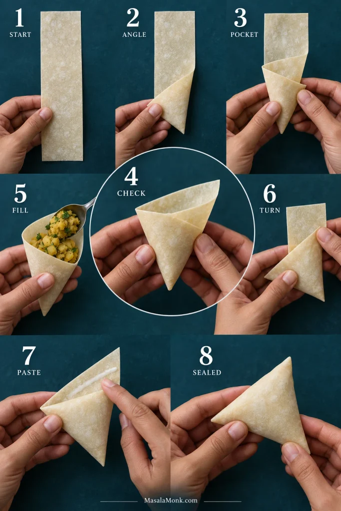 Eight-step samosa patti folding sequence from a flat strip through the first triangle and pocket to filling, turning, pasting and a sealed samosa.