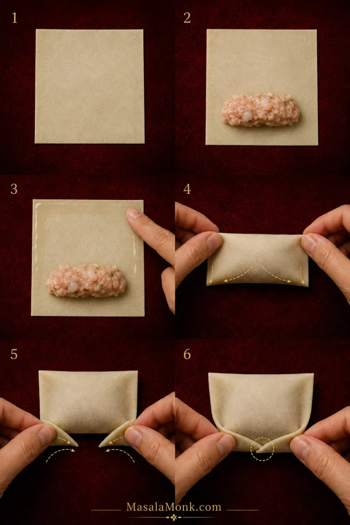 Six-step overhead sequence showing a square wonton wrapper filled, moistened, folded into a rectangle, sealed and finished by joining the two lower corners.
