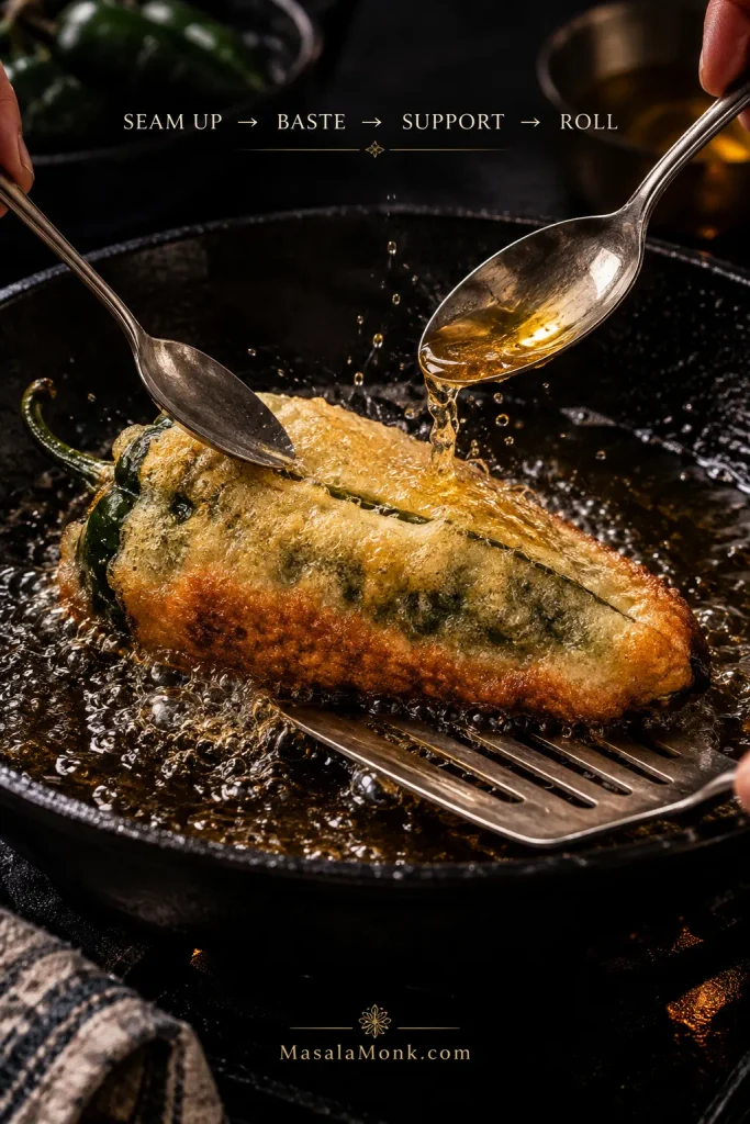 A battered poblano frying in shallow hot oil while one spoon bastes the top, another utensil steadies the pepper and a wide spatula supports it from underneath for turning.