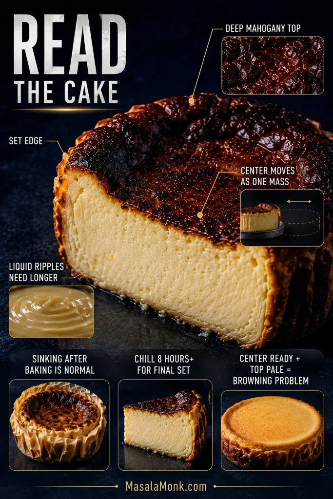 Annotated Basque cheesecake graphic showing browning, edge set, center movement, liquid ripples, sinking and chilling cues.