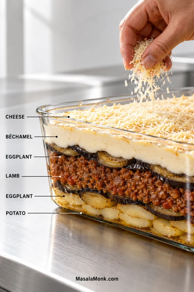 Clear casserole showing layers of potato, eggplant, ground lamb, eggplant and béchamel with finely grated hard cheese over the top.
