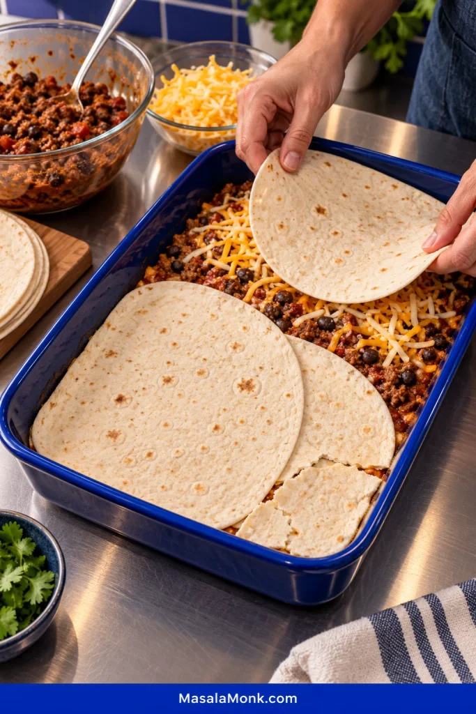 Hands laying a flour tortilla over ground beef, black beans and shredded cheese in a blue rectangular casserole dish, with overlapping tortillas and a small torn piece filling an uncovered corner.