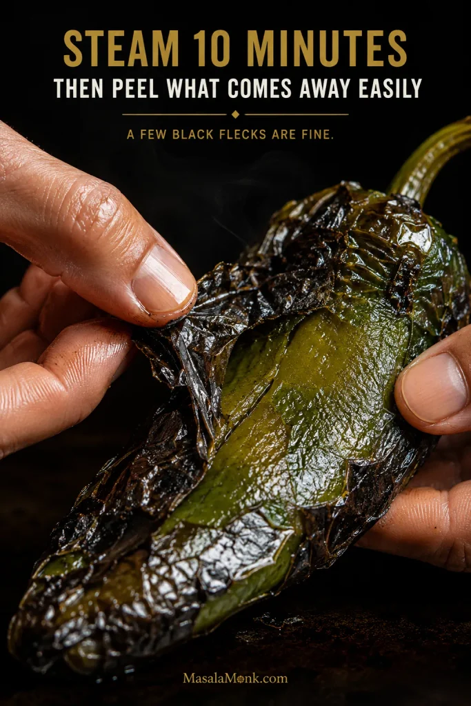Hands peeling loosened blackened skin from a steamed roasted poblano, revealing the soft dark-green pepper underneath.
