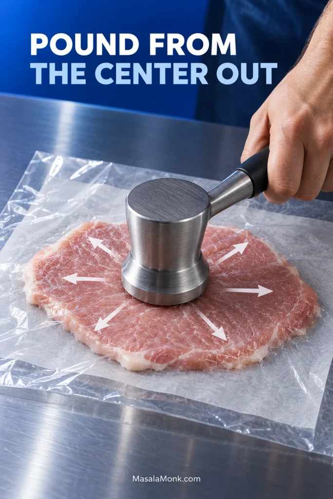 Raw pork loin cutlet protected under clear material on a cobalt work surface while a flat meat mallet works near the center, with arrows pointing outward.