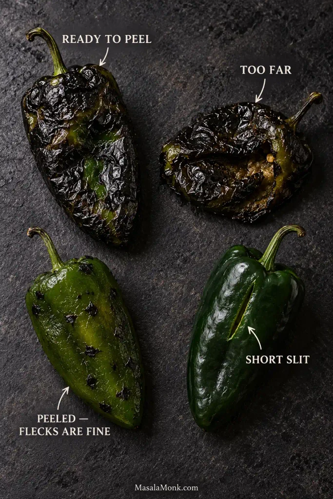 Four poblano peppers showing preparation stages: a blistered pepper ready to peel, an overcooked collapsed pepper, a peeled roasted pepper with a few char flecks, and an intact pepper with a short slit.
