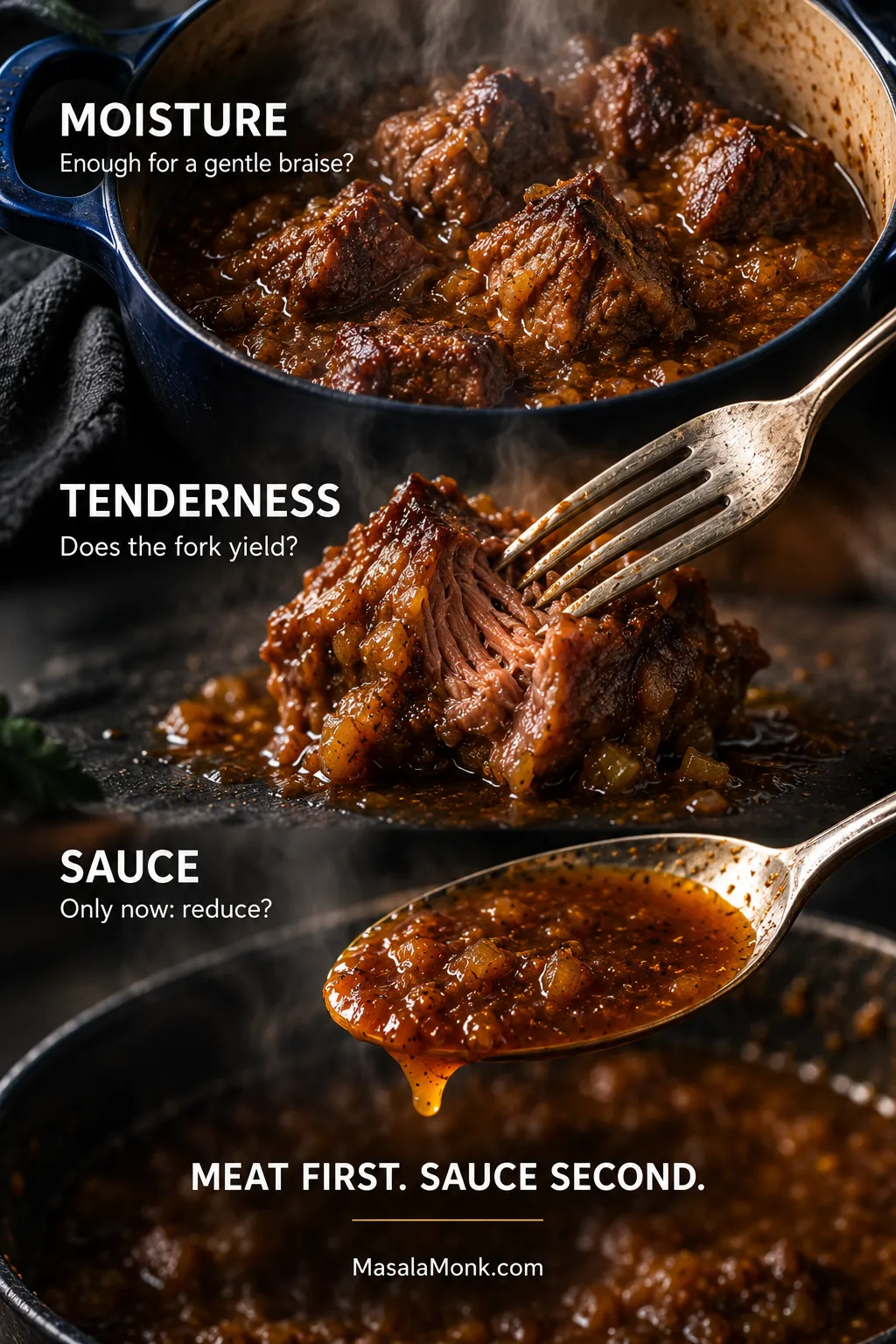 Cooking guide showing lamb braising moisture, a fork testing tenderness and sauce coating a spoon, labeled moisture, tenderness and sauce.