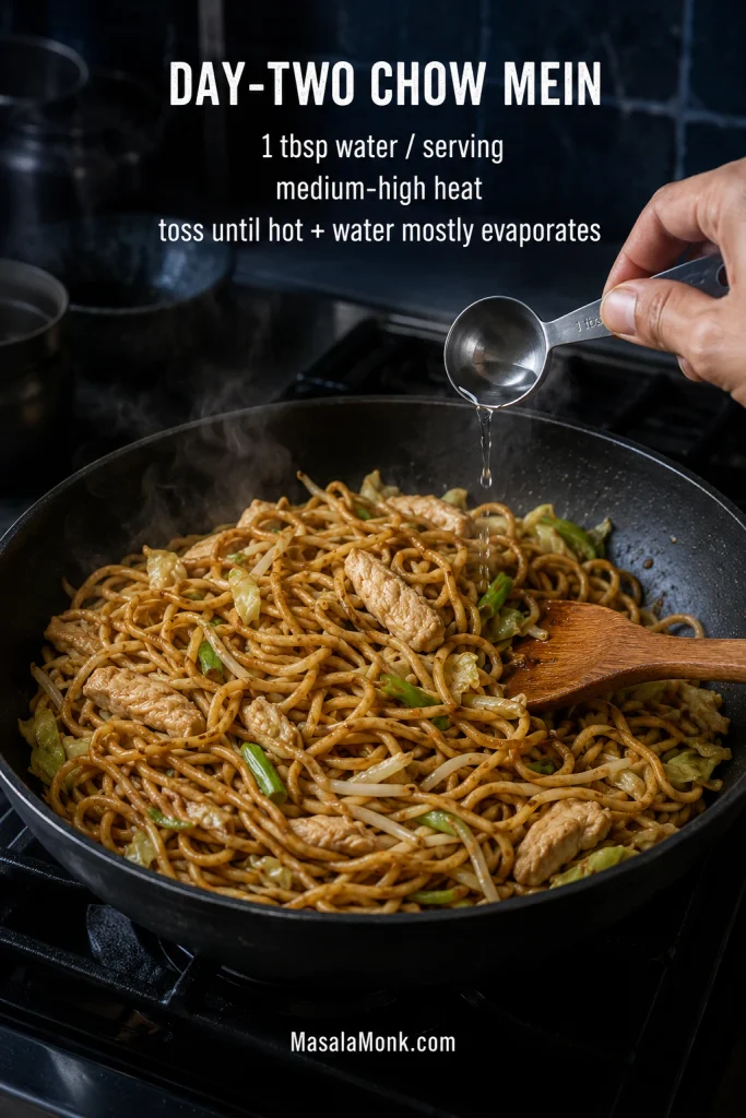 Leftover chicken chow mein reheating in a dark skillet while a hand adds a tablespoon of water near the pan edge, with steam rising from noodles, chicken and vegetables.