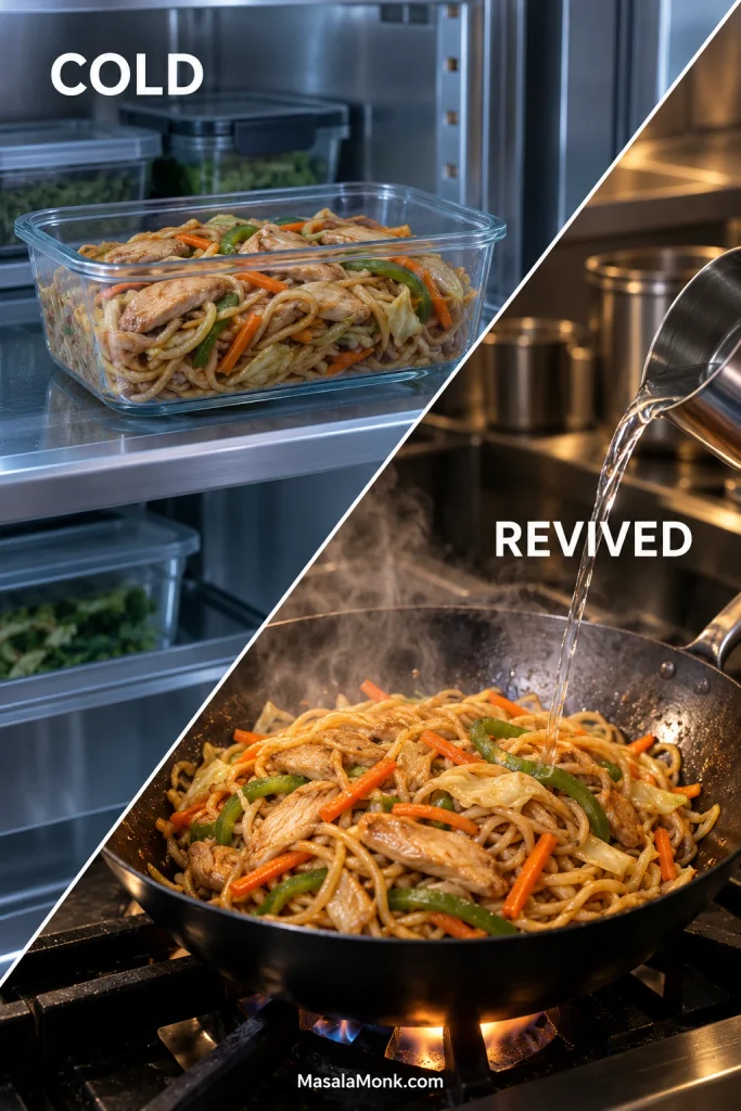 Split image showing cold chicken lo mein in a glass refrigerator container and the same noodles steaming in a wok while a small amount of water is added.