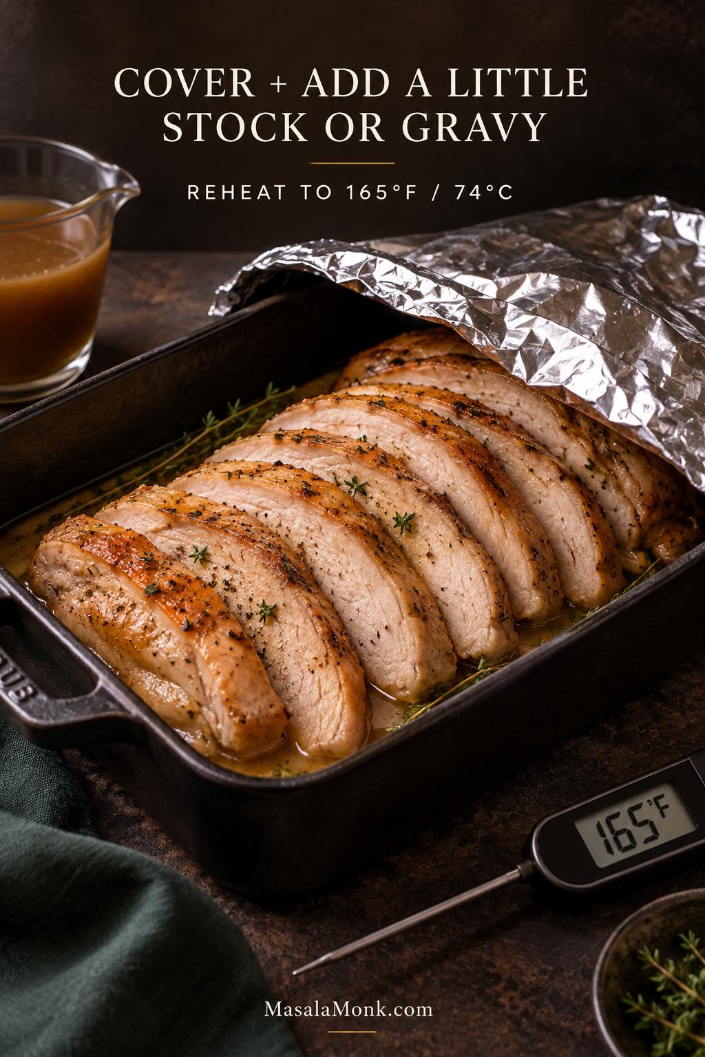 Sliced cooked turkey in a dark baking dish with a small amount of stock or gravy and a loose foil cover for reheating.