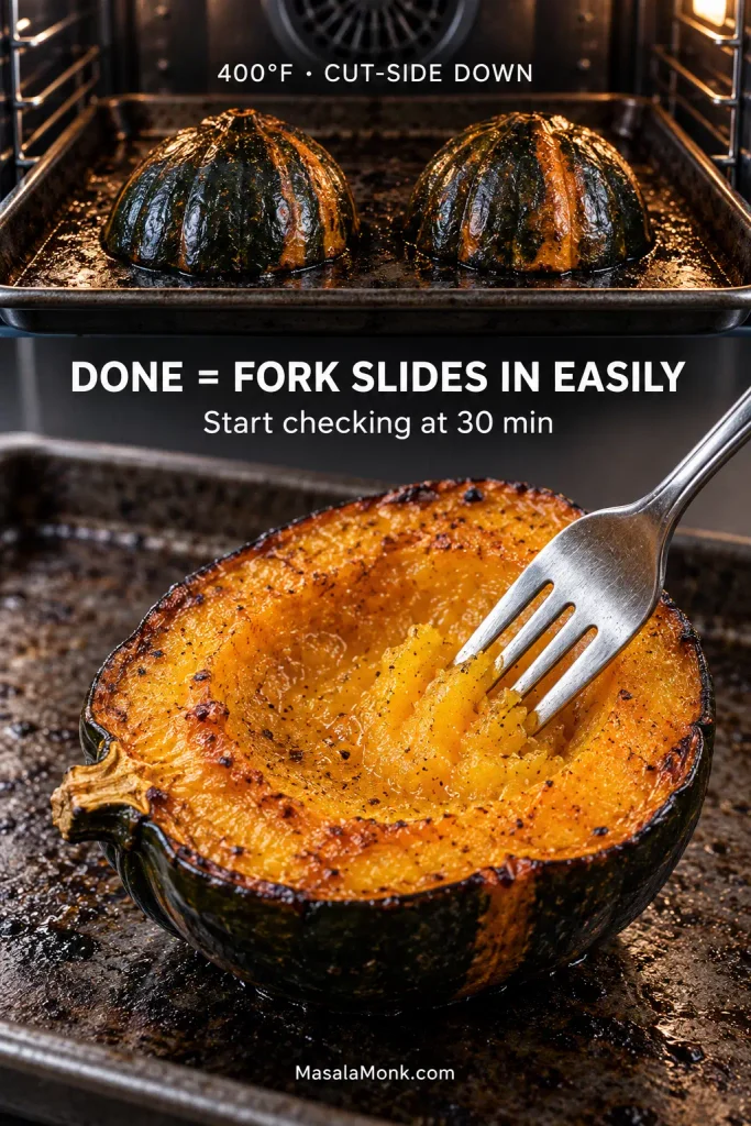 Roasted acorn squash shown cut-side down, then turned over as a fork tests the thick orange flesh for tenderness.
