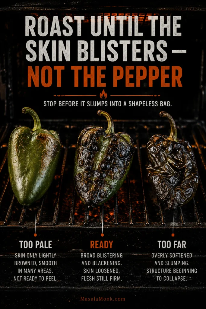 Three poblano peppers labeled too pale, ready and too far, showing the progression from lightly browned skin to well-blistered skin to a collapsed over-roasted pepper.