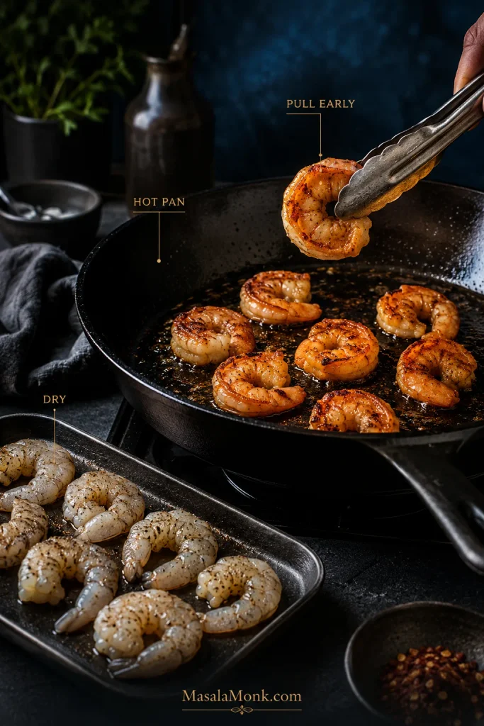 Dried tails-off shrimp beside shrimp browning in an uncrowded skillet, with one seared shrimp being lifted from the pan.