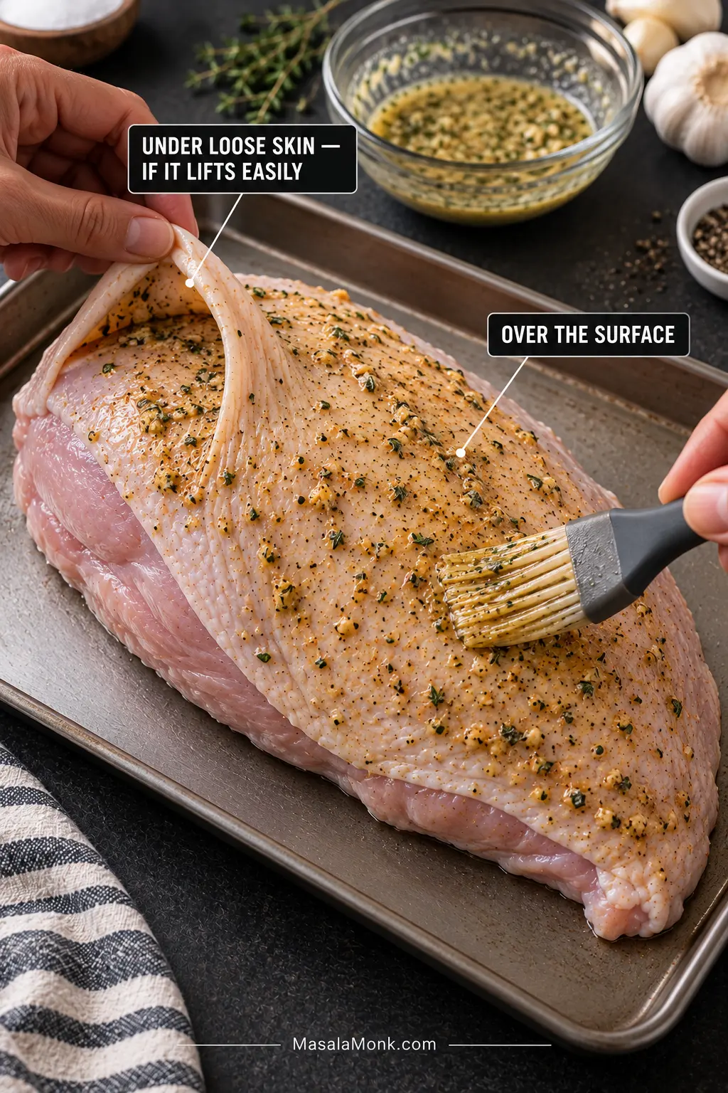 Skin-on raw turkey breast being lightly brushed with herb butter while loose skin is lifted to season underneath.