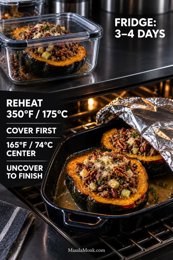 Stuffed acorn squash stored in a covered container, then reheated under foil at 350°F or 175°C until the center reaches 165°F or 74°C before uncovering.