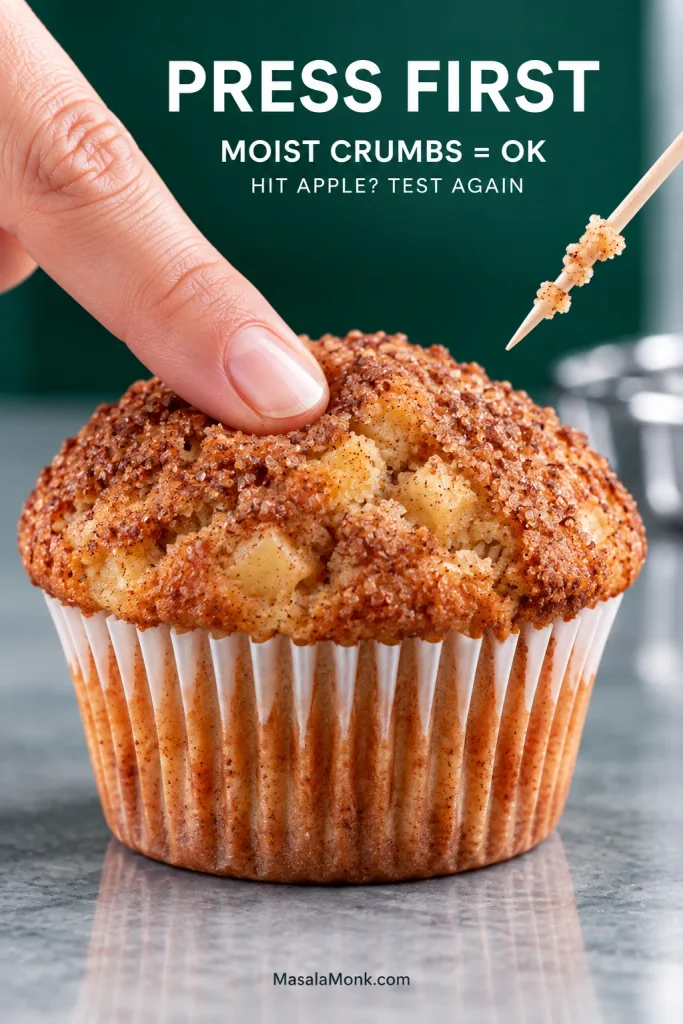 Finger lightly pressing the center of an apple muffin beside a toothpick carrying a few moist crumbs.