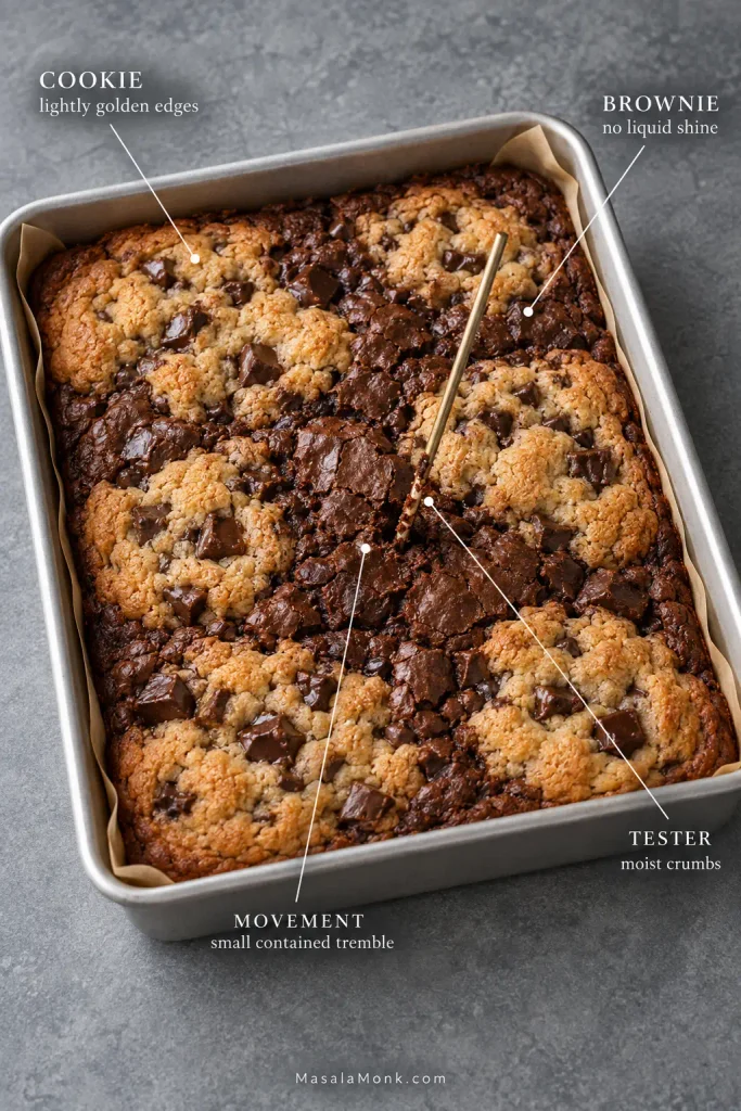 Baked Brookies in a light metal pan with callouts marking cookie color, brownie surface, center movement and a tester with moist crumbs.